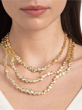 NEW Alexis Bittar Asterales Gold Layered Necklace 3 Stand Bib Clear CZ JL11